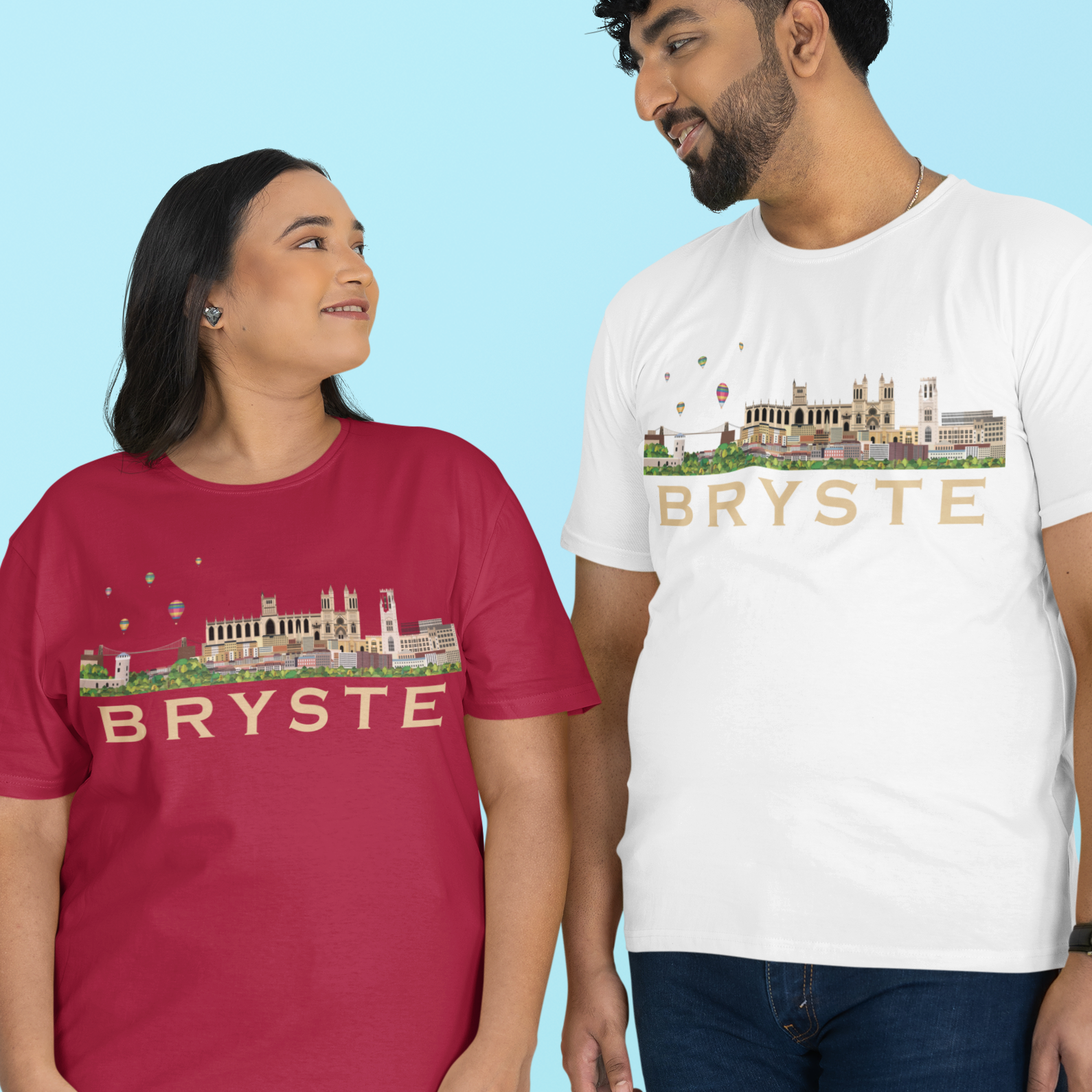 Two people wearing t-shirts with 'BRYSTE' design on a blue background
