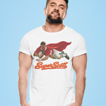 A man modeling a white graphic t-shirt featuring a cartoon illustration of a rugby player in a red cape with the text 'Super Scott' in orange. He is wearing blue sweatpants against a solid light blue background.