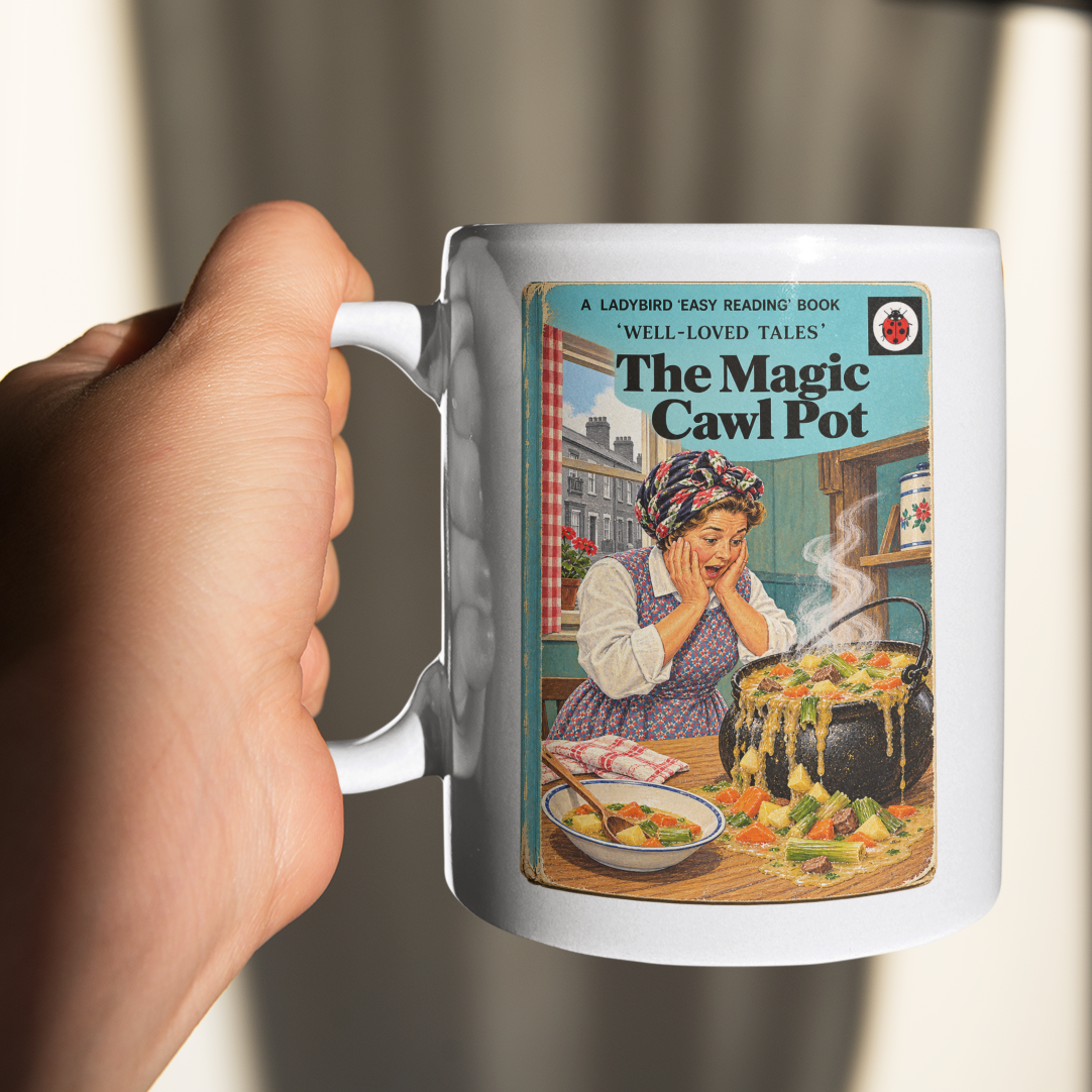 A hand holds a white ceramic mug featuring a vintage-style illustrated book cover for 'The Magic Cawl Pot' against a wall with dramatic window shadows.