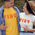 Two models wearing matching graphic t-shirts with 3D block letters spelling 'TIDY' in orange. The man wears a yellow t-shirt under an open blue plaid shirt, and the woman wears a white t-shirt under an open blue plaid shirt.