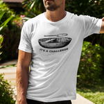 Man wearing a white t-shirt with a graphic and text outdoors