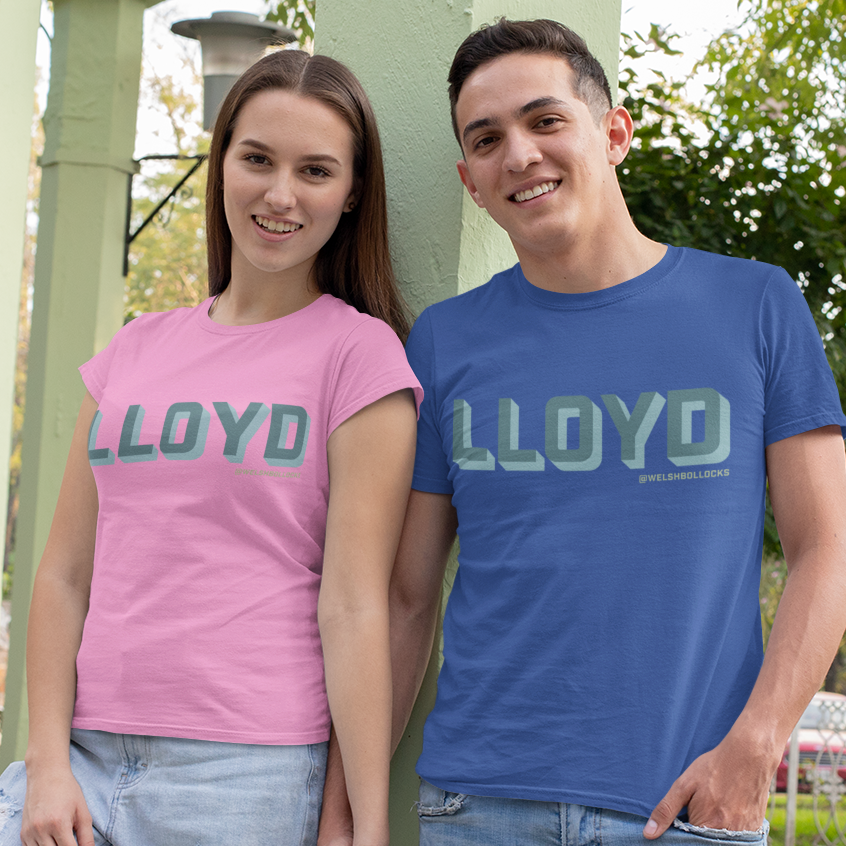 A man and a woman standing outdoors in a park-like setting, both wearing matching graphic t-shirts with 'LLOYD' printed across the chest in a teal gradient. The woman's shirt is pink, and the man's shirt is blue.