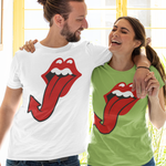 A man and a woman standing together indoors, both wearing T-shirts with a red and white Rock 'n Roll dragons tongue-and-lips logo. The man wears a white shirt and the woman wears a light green shirt, paired with blue jeans.'