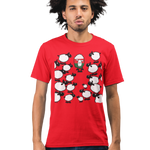 Man wearing a red t-shirt with cartoon character design on a white background